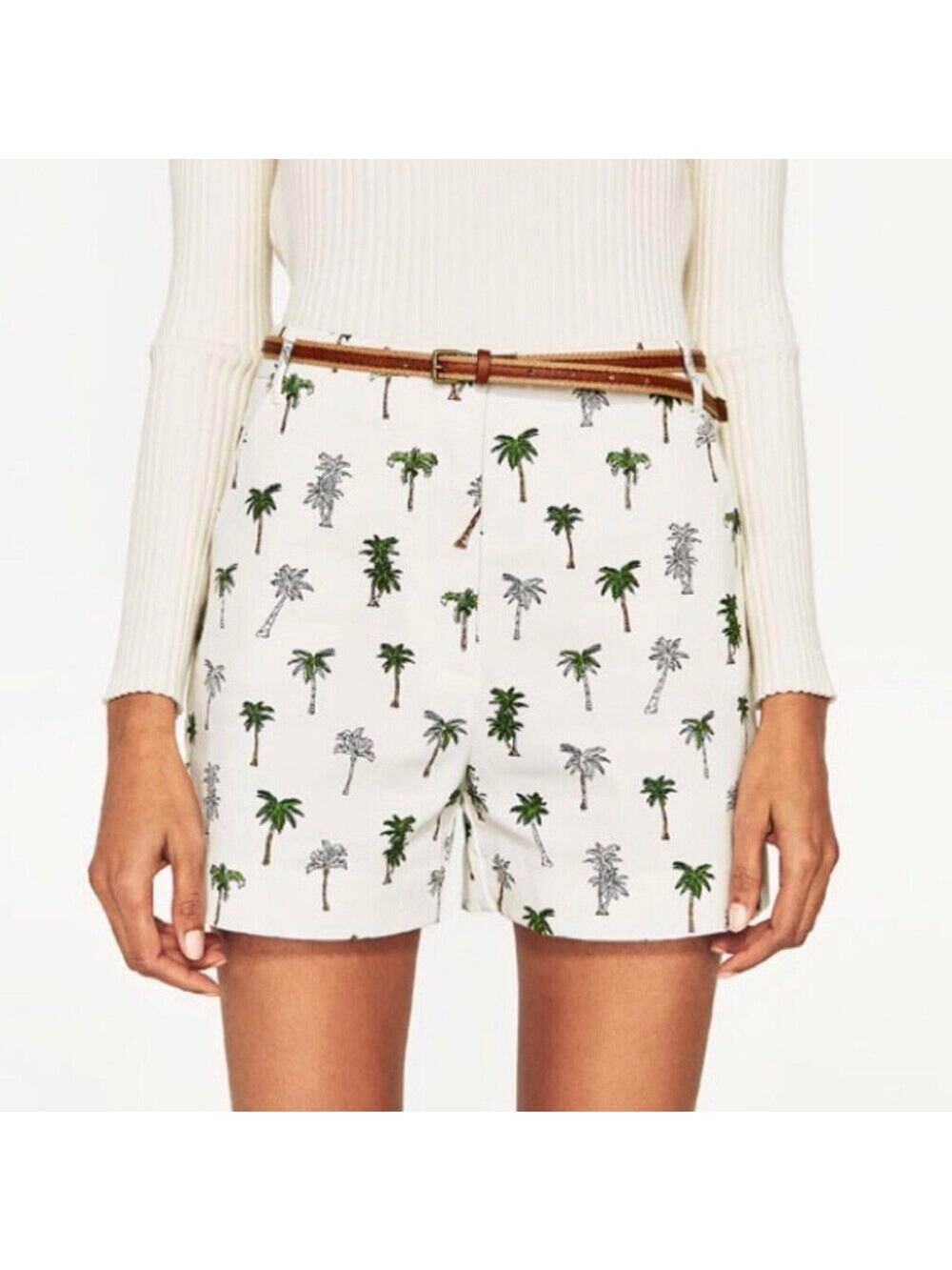 Zara Tropical Palm Tree High Waisted Belted Shorts Size S